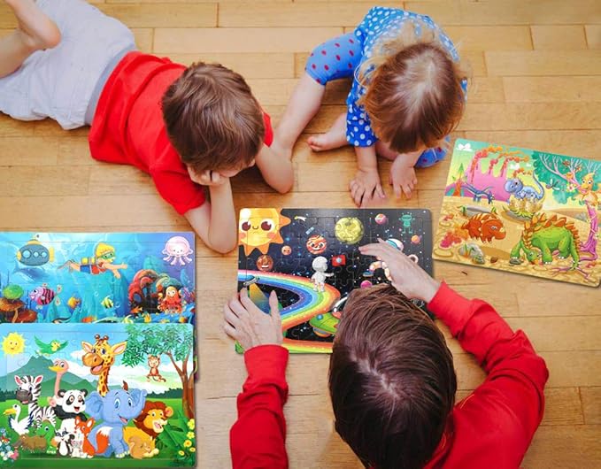 Puzzles for Kids Ages 4-8, 4 Pack Wooden Jigsaw Puzzles 60 Pieces Animal Dinosaur Puzzle Preschool Educational Learning Toys Set for Boys and Girls
