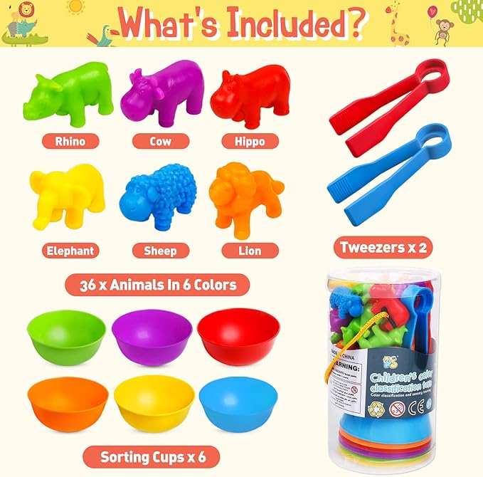 Counting Animals Color Sorting Stacking Matching Games with Rainbow Bowls Montessori Preschool Educational Learning Activities Fine Motor Skills Toys Easter Gift for Toddlers Ages 3+