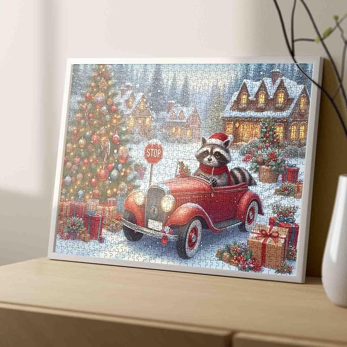 Christmas Puzzle 1000 Pieces - Winter Snow Scene Holiday Painting Jigsaw Jigsaw(Raccoon,Red Car,Wooden House,Animal,Snowy village,Christmas Trees)for Adults Kids Family Fun,Home Decor Friendship Gift