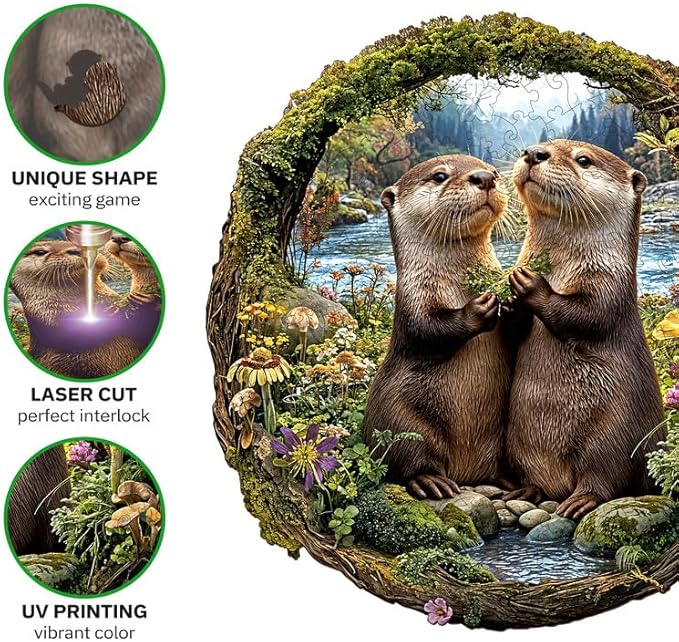 Jigfoxy Wooden Puzzles for Adults, Otter Couple Wood Puzzles Adult, Unique Animal Shape Wooden Jigsaw Puzzles for Adults, Birthday Gifts for Puzzle Lovers Family Friend (S-8.1 * 8.4in-102pcs)