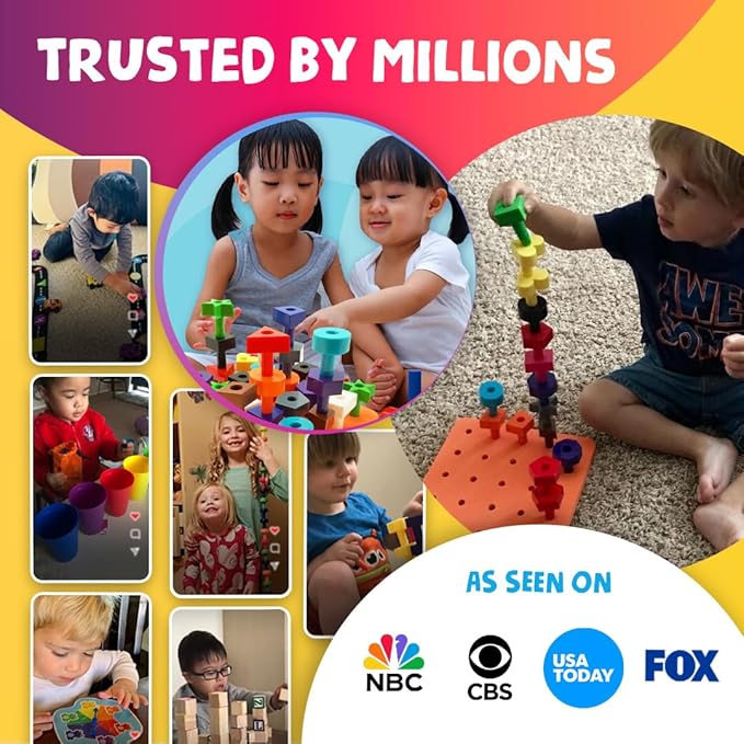 Skoolzy Toddler Peg Board 38 pcs with ebook - Pegboard for Toddlers - Stacking Peg Board - Color Matching & Shape Recognition Toy for Toddlers 3+