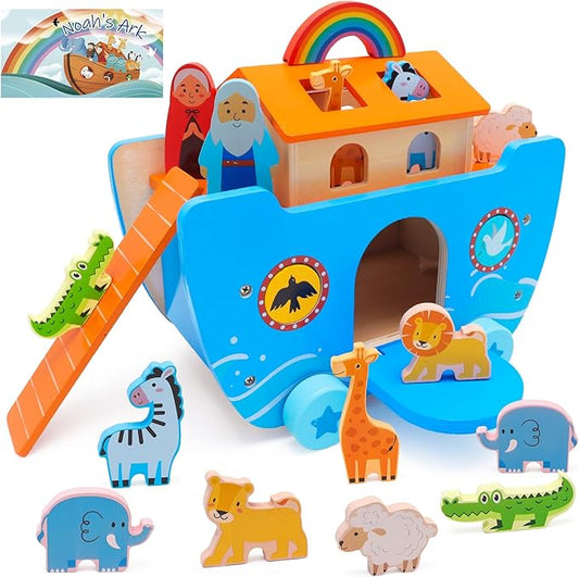 Wooden Noah's Ark Toy Baptism Gifts for 1 2 3 4 Years Old Baby Boy and Girl Montessori Educational Toy for Toddlers with Bible Story Animal Shape Sorter