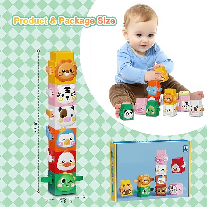 6 PCS Stacking Toys Set for Toddlers 18+ Months 1 2 3 4 Years Old Boys Girls Preschool Sensory Block Toys Pressable Animals Stacking Blocks with Cute Expressions Fun Christmas Birthday Gifts for Kids