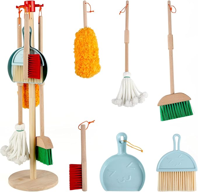 Kids Cleaning Set Toys 7 Piece Cleaning Toys for Toddlers Pretend Play Cleaning Tools for Kids Wooden Detachable Housekeeping Broom Dustpan Duster Brush Mop