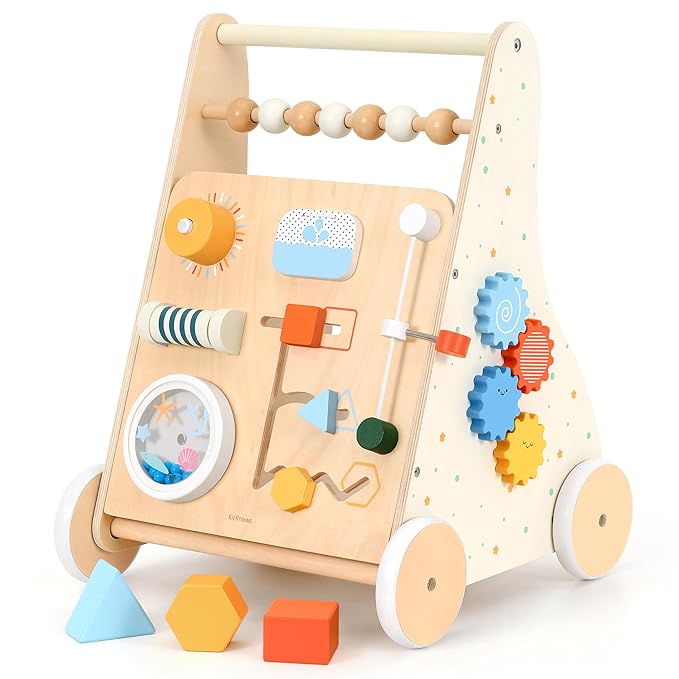 Wooden Baby Walker Push Toy with Activity Center, Montessori Toddler Walking Wagon with Blocks, Gears & Shape Sorter for 1 2 3 Year Old Boys Girls