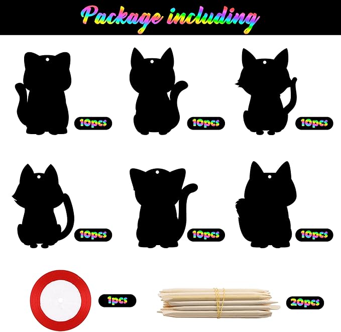 CY2SIDE 60PCS Cat Animal Scratch Bookmarks for Kids, DIY Cat Rainbow Color Paper Cards Craft Kit Birthday Decorations, Catling Pet Magic Art Project Party Favors for School Classroom Activities