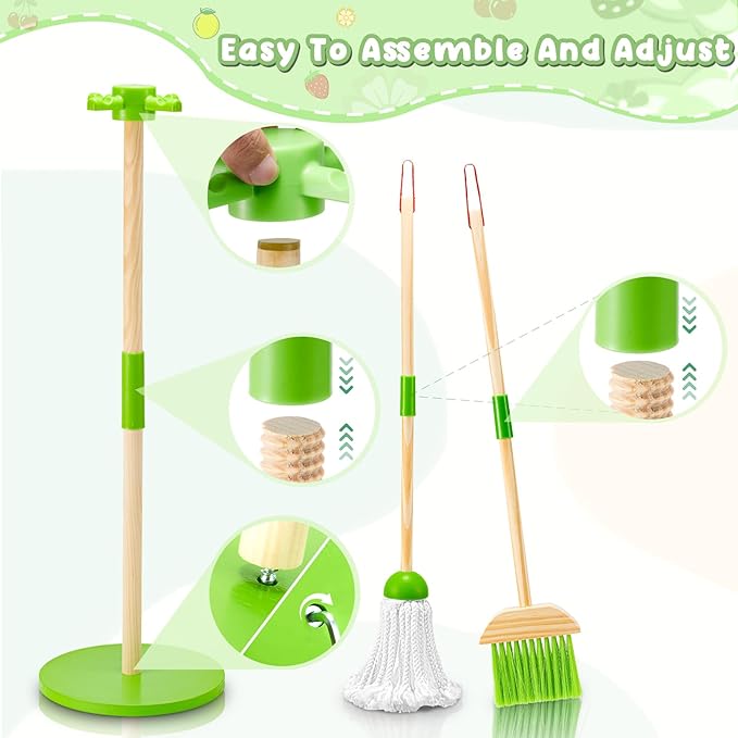 WHOHOLL Wooden Kids Cleaning Toy Set Toddler Broom Set for Housekeeping 8 Pcs Broom and Mop Set for Toddlers 3-5, Baby Cleaning Toys with Dustpan Sponge, Birthday Gifts for Boys and Girls (Green)