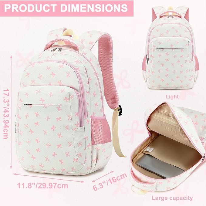 LEDAOU School Backpack for Girls Kids Bookbag Elementary Middle School Bag for 8-14 (Pink Bow)