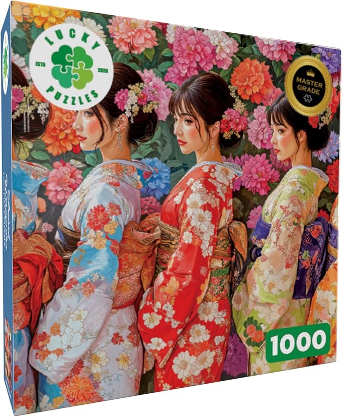 Lucky Puzzles - Petal Whispers: A Geisha's Harmony - 1000 Piece Jigsaw Puzzle for Adults | Elegant Kimono Puzzle | Stunning Floral Artwork | Relaxing and Challenging Puzzle Experience