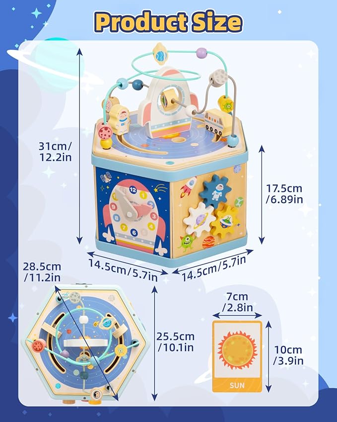 Large Wooden Space Activity Cube Toys, 9-in-1 Early Educational Montessori Learning Toys for 2 3 4 Toddlers with Abacus Bead Maze for 24+ Months Boys Girls First Birthday