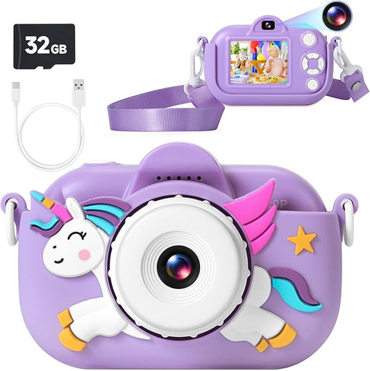 Kids Camera Video Digital Camera for Ages 3-12, 1080P HD Toddler Camera with 32GB Card for Child Dark Purple