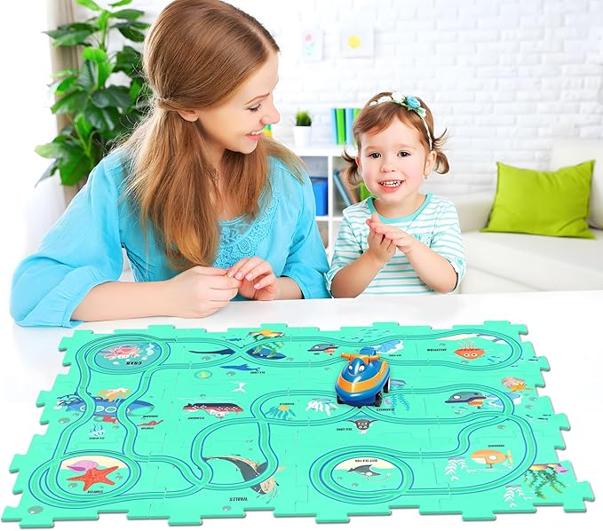 Puzzles and Track Combo, Kids Puzzle Rail Car Play Set, Educational Toys for 3 4 5 6 Year Old Boys Girls, Toddler Montessori Toy Gift