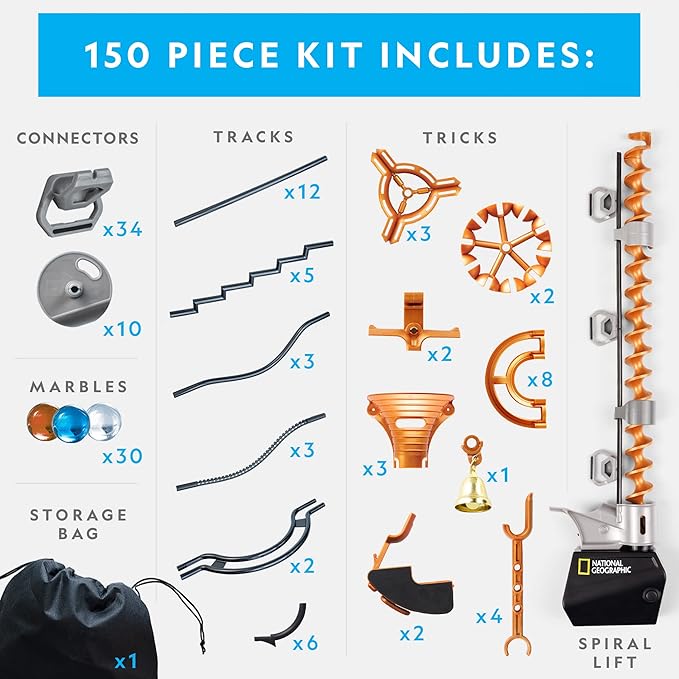 National Geographic Magnetic Marble Run - 150-Piece STEM Building Set for Kids & Adults with Magnetic Track & Trick Pieces & Marbles for Building A Marble Maze, STEM Project (Amazon Exclusive)