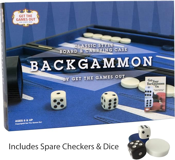 Get The Games Out Top Backgammon Set - Small Travel Size Classic Board Game Case - Best Strategy & Tip Guide (Blue, Small)