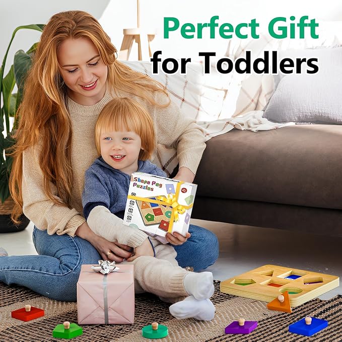 Wooden Shapes Puzzles for Toddlers : Montessori Toys for 3 4 5 Year Old Boy Birthday Gifts - Shape Color Match Peg Puzzles - Learning Educational Toys for Toddlers Age 3 4 Year Old Girl