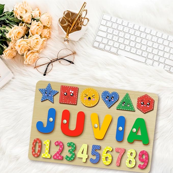 Custom Name Puzzles for Toddlers 1-3 - Name Puzzle for Kids, Personalized Wooden Animal Puzzle, Baby Gifts, Baby Shower, Christmas, Newbaby Gift, Gifts for 1 2 3 Years Old (Animal-Geometry-03)