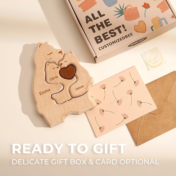 Wooden Mommy Bears Family Puzzle, Personalized Puzzles with 2–5 Names, Father's Day Personalized Gifts for Dad Mom Kids Teen Boys Girls Grandma, Toddler Men Birthday Mother's Day Decorations