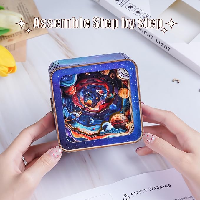 3D Puzzle Nightlight-DIY LED Light 3D Universe Jigsaw Wooden Puzzle-Art Lamp and Craft Kits for Kids and Adults-Birthday Gifts Toys-Home Desk Decor Family Game