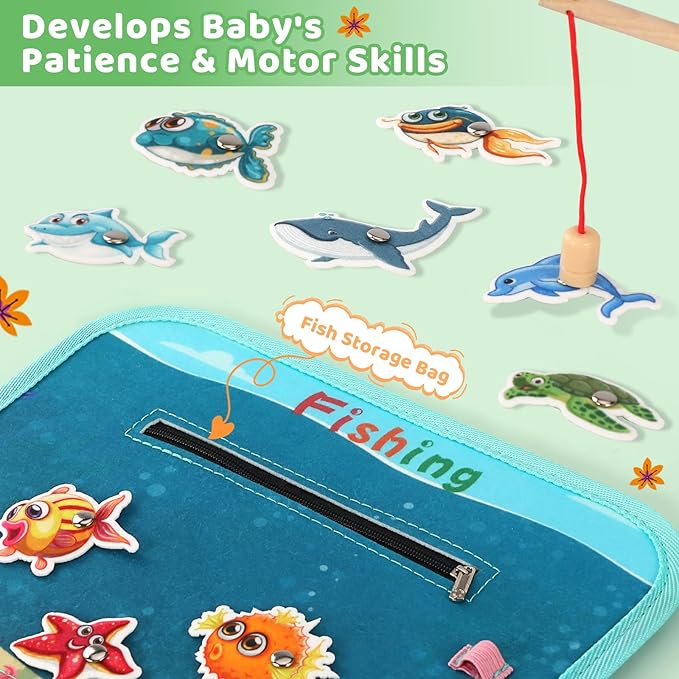 Toddler Busy Board for 1 Year Old, Montessori Toy Busy Book for Toddlers 1-3 with Fishing Game Motor Skills, Educational Learning Toy Car Airplane Activities Kid Travel Essential 2-4 Yr Birthday Gift