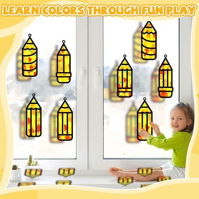 32 Sets Back to School Pencil Suncatchers Craft Kit DIY Window Stained Glass Effect Pencils Paper Crafts for Home School Classroom Decoration Kid Birthday Gifts Creative Art Projects Activity Game