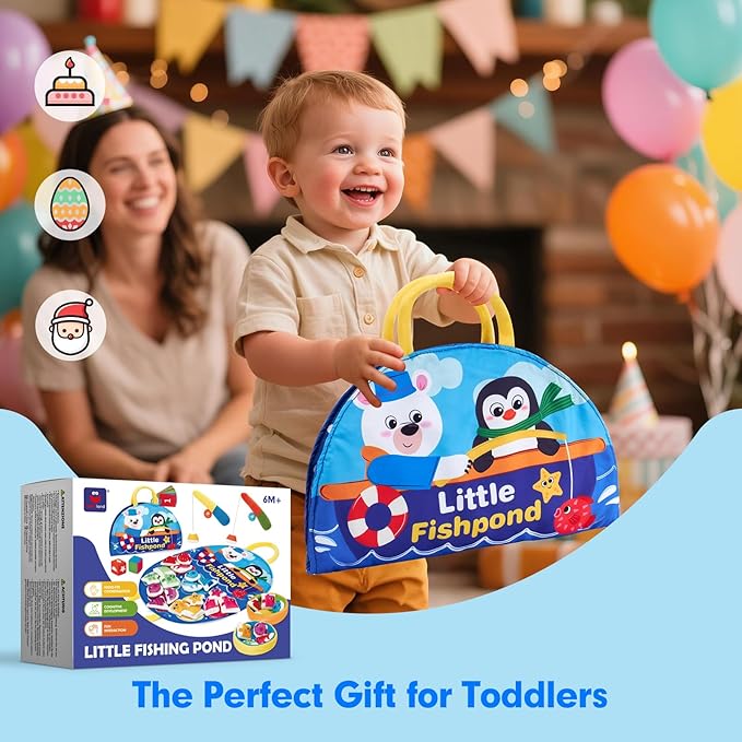 hahaland Montessori Toys for 1 Year Old - Fishing Game for Toddlers 1-3 with Shapes Colors Learning Mat, Dices, Fish, 2 Poles, Cards, 1 Year Old Educational Toys Stocking Stuffers Toddler Games Ages 2