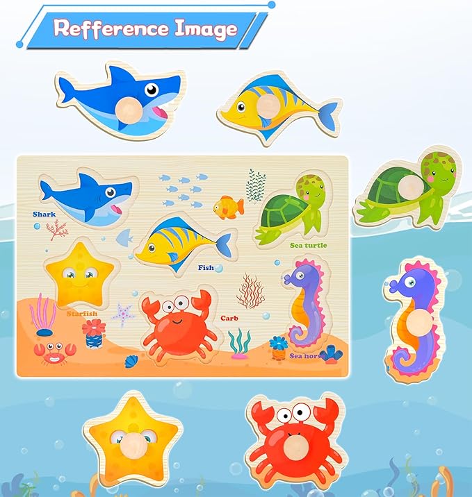 Wooden Peg Puzzles for Toddlers,Montessori Toddler Puzzles for Child,Fine Motor Skill Learning Puzzles Toys for Baby Boys Girls Gifts-3 Pcs Shape,Farm,Sea Animal