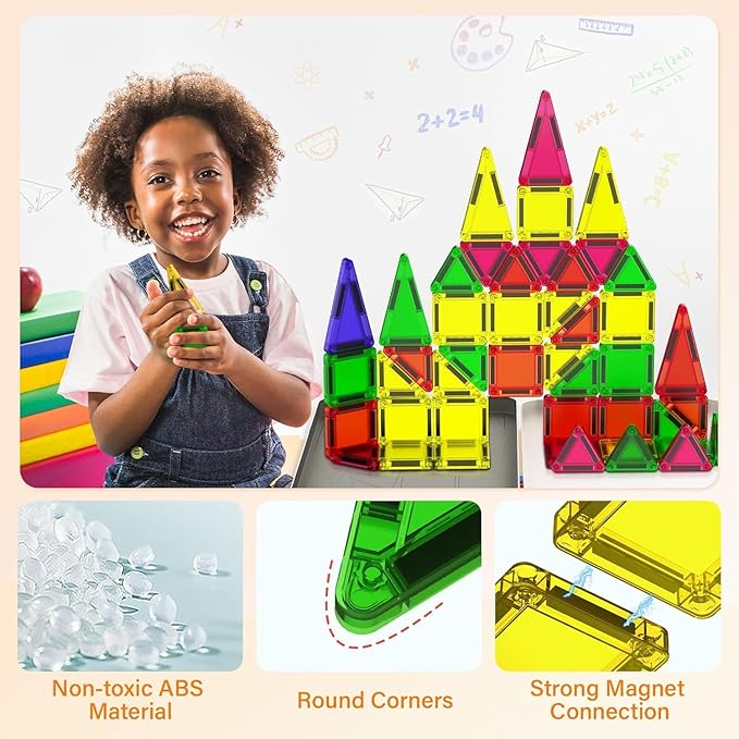 Mini Magnetic Tiles, 46PCS Travel Magnetic Tiles with Case, STEM Educational Building Set Construction Toys for Kids Ages 3+, Portable Building Toys for Toddlers, Boys & Girls Birthday Gift