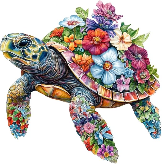 Wooden Puzzles for Adults, Flower Sea Turtle Wooden Puzzles, Unique Animal Shaped Jigsaw Puzzle for Adults and Kids，Family Puzzles Games, Party Gifts, 200 Pieces 11.3 * 11.4in
