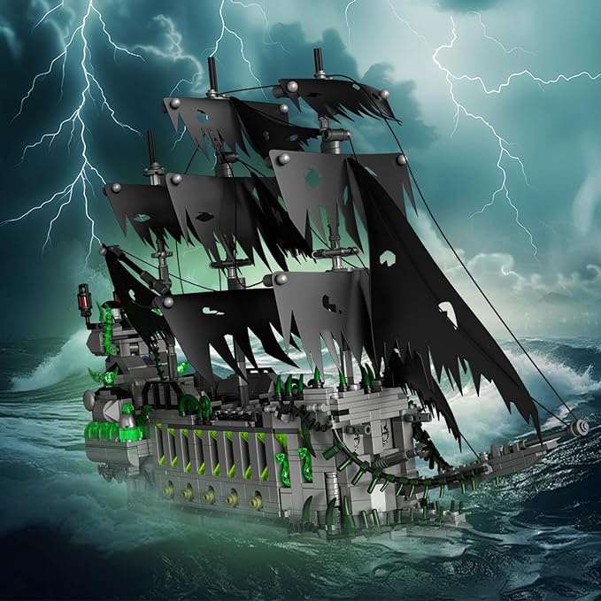 1573 Pcs Pirate Ship Building Set with LED Light,STEM Ghost Ship Flying Dutchman Building Toy,Model Boat Mini Brick Kit Home Office Decor,Halloween Easter Gift for Adults Boys Kids Ages 14+