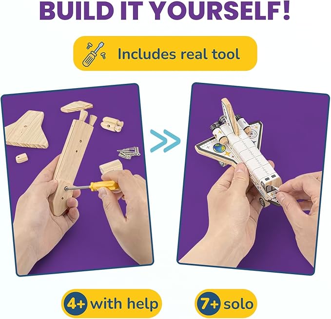 DIY Build Your Own Space Shuttle Toy Model - Wooden Kit w/Stickers - Kids Wood Building Kit for Boys & Girls - Toy Spaceship Stem Toys for Ages 4-10 - Wood Crafts for Kids - STEM Woodworking Kits