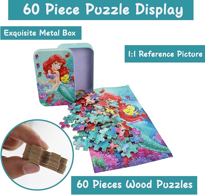 Princess Puzzles for Kids Ages 4-8 60 Pieces Jigsaw Puzzle for Girls and Boys in Metal Box - Educational Toys for Ages 3-5 (Princess 2502)