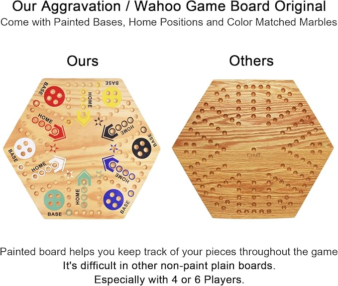 Original Marble Game Wahoo Board Game 20-Inch Double Side Painted Wooden Fast Track Board Game for 6 Player and 4 Player, 6 Colors 36 Glass Marbles 8 Dice for Family Game Night, Friends Party