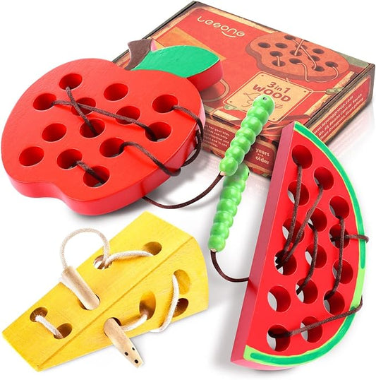 KLT Lacing Toy for Toddlers, Wooden Threading Toy Kids Travel Car Airplane Activities, Road Trip Essentials Games, Educational Learning Fine Motor Skills Montessori Toys 1 Apple,1 Watermelon, 1 Cheese