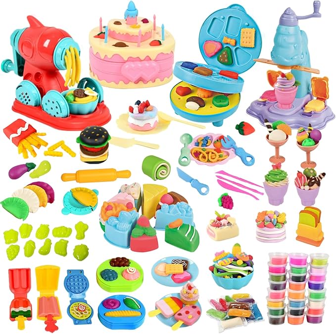 4 in 1 Play Color Dough with 36pcs Modeling Dough Art Crafts Tools Kit Kitchen Creations Cake Noodle Ice Cream Hamburger Maker Machine Food Play Toys for Kids, Pack of 104pcs
