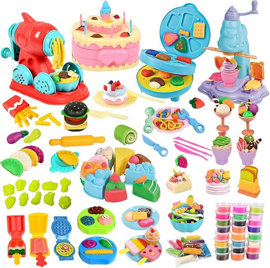 4 in 1 Play Color Dough with 36pcs Modeling Dough Art Crafts Tools Kit Kitchen Creations Cake Noodle Ice Cream Hamburger Maker Machine Food Play Toys for Kids, Pack of 104pcs