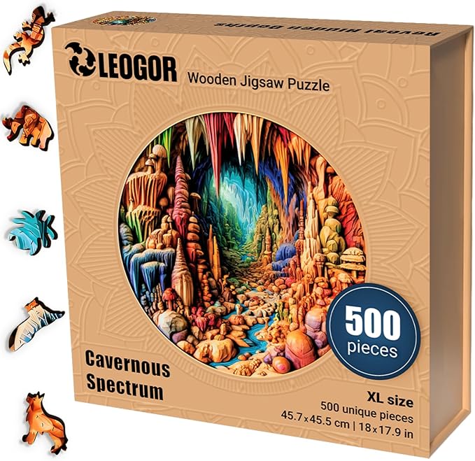 LEOGOR Wooden Jigsaw Puzzles for Adults 500 Pieces (18x17.9 in), Large High End Round 3D Vision Cave Puzzle with Mosaic Shapes, Thick 5mm Wood, Difficult Brain Teaser, Premium Puzzle Gifts for Adults