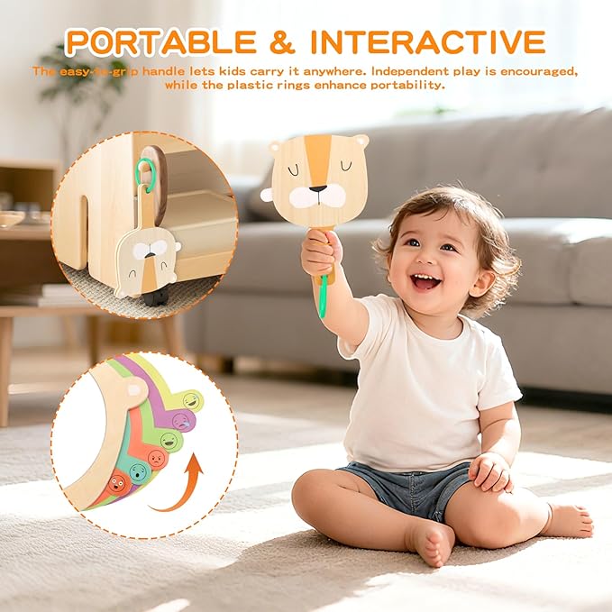Montessori Toys for Babies 6-12 Months, 7 in 1 Wooden Educational Development Toys Sensory Learning Gift for Toddlers with Object Permanence Box, Emotion Learning Mirror, Tissue Box,Rainmaker and More