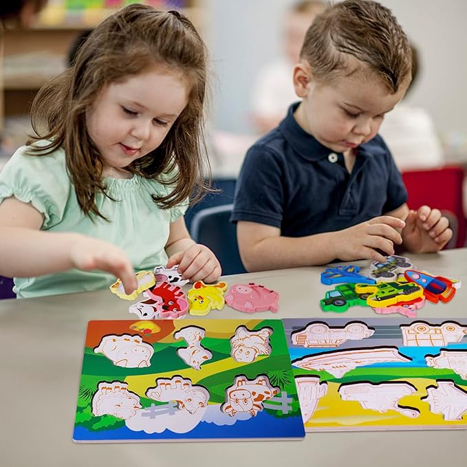 Wooden Peg Puzzle for Toddlers 1-3 Year Old,Funsland Puzzles Gifts Colorful Toys Cartoon Gifts,Farm Zoo Animals Vehicle Arsenal Puzzles (Pack of 4)