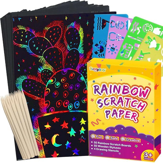 FUNNYB&G Rainbow Scratch Paper Art for Kids - 200 Pcs Magic Rainbow Scratch Paper Off Set Scratch Crafts Arts Supplies Kit Pads Sheets for Party Games Halloween Christmas Birthday Gifts