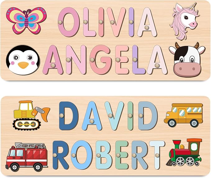 Personalized Name Puzzle for Kids, Customized Baby Gifts First Birthday for Girls & Boys Name Puzzles for Toddlers 1-3 Early Learning Toys Wooden Animal Puzzle Eeducational Toy Alphabet Puzzle