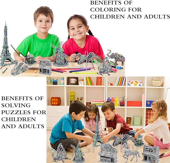 KAZOKU 3D Coloring Puzzle Set, Arts and Crafts for Girls&Boys Ages 6-12 Toys 4 Animals Puzzles with 12 Coloring Pens Supplies Fun Painting Kit Kids Age 8 9 10 11 12 Birthday Children's Day Gift