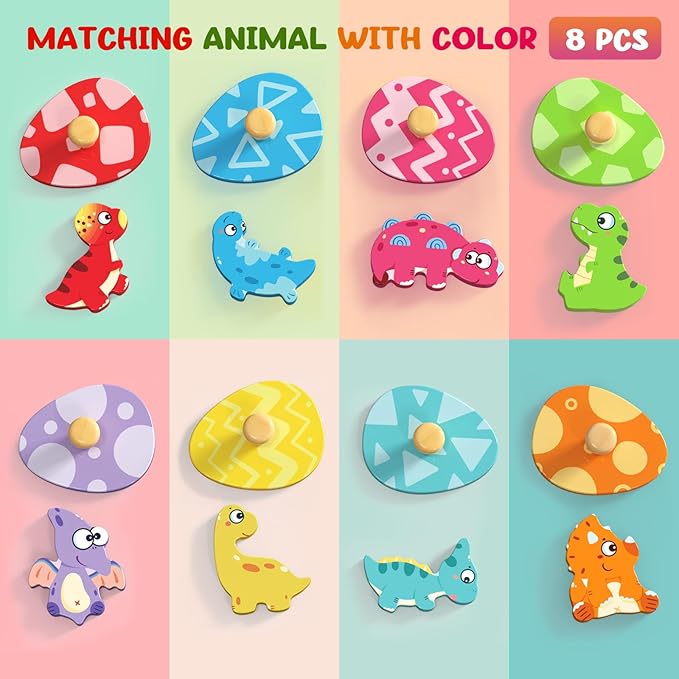 Wooden Puzzles for Toddlers, 8 Pcs Dinosaur Matching Egg Puzzle, Montessori Toys for Boy Girl Easter Birthday Gifts, Preschool Learning Activities & Educational Toys for Boys, Girls
