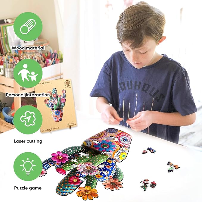 Mys Aurora Puzzles for Adults Cactus Flower Wooden Puzzles, 200 Pieces Unique Shaped Jigsaw Puzzles, Birthday for Adults and Kids, Fun Challenge Family Game 10'' x 14'' Medium Size