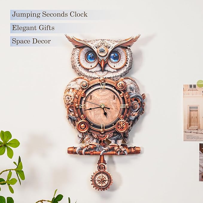 3D Puzzles for Adults Clock-Mechanical Owl Design Model Kit-Mechanical DIY Pendulum Clock with Roman Numerals-Desk Home Office Decor Personalized Gift for DIY Lovers