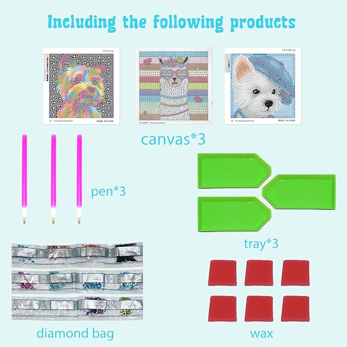 Libfx Diamond Art Kits for Kids 3 PCS Diamond Art for Girls Boys Beginners Arts and Crafts for Kids Ages 8-12 (Alpaca-Dog)