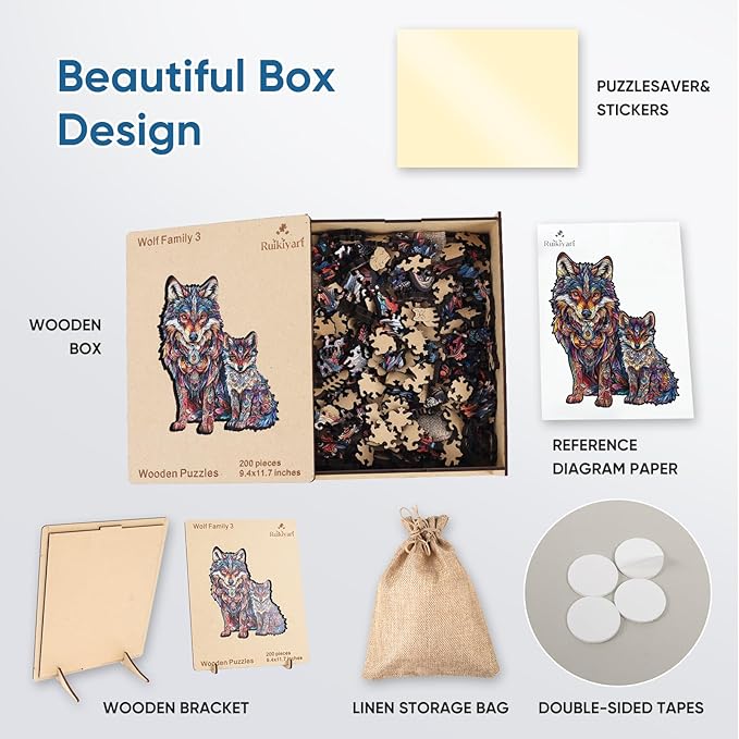 Ruikiyart Wooden Puzzles for Adults, 5MM 200 Pieces Wolf Family Wooden Jigsaw Puzzles, Animal Unique Shaped Puzzle Gifts for Adults and Kids on Thanksgiving, Family Puzzle Games (9.4"*11.7")