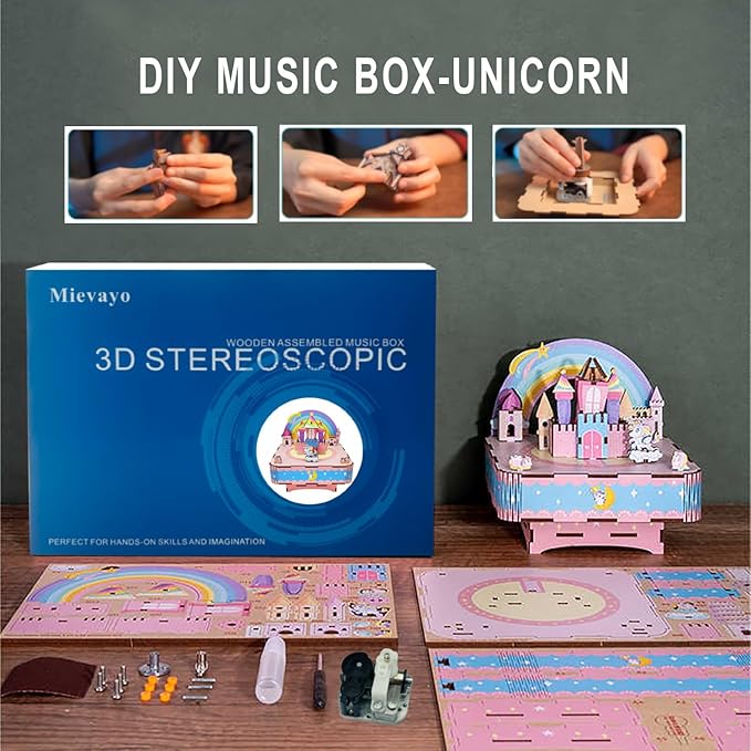 3D Puzzles Music Box Unicorn DIY Rotating Music Box Kit for Teens, Boys and Girls, Birthday Gifts, Decorative Crafts
