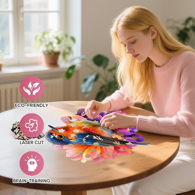 Wooden Puzzle for Adults, Hummingbird Jigsaw Puzzles 200 Piece, Unique Shapes Family Puzzle for Adults and Kids, Beautiful Package, Best Gift for Family Friends Medium 11.2x11.1in