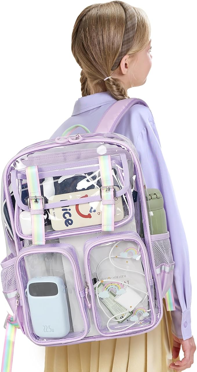 Clear Backpack for School - 17" Transparent Backpacks With Water-Resistant PVC Plastic Material and Ruggedly Reinforced Shoulder Straps, School Bag for Teen Boys Girls Purple