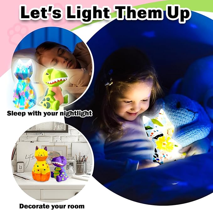 FUNZBO 2Pcs Paint Your Own Dinosaur & Cat Lamp - Arts and Crafts Supplies Painting Kits for Kids Teens Adults, DIY Night Light Toy for Toddlers Girl Boy Ages 3 4 5 6 7 8 9 10 11 12 13 + Birthday Gifts
